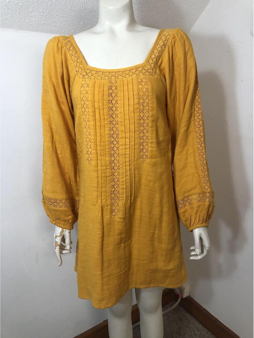 En Creme New Womens Small Gold Longsleeved Boho Dress Lace Pintuck Lined Peasant